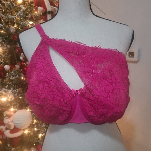Cacique Bra Size 38DDD Asymmetrical Balconette Hot Pink Lace Sexy Flirty Girly - Picture 3 of 6